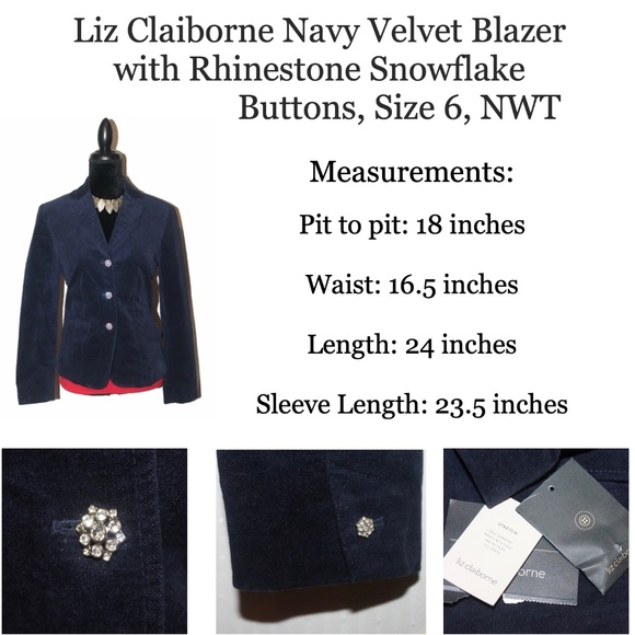 Liz Claiborne Navy Velvet Tailored Blazer with Rhinestone Snowflake Button NWT 6 - Picture 15 of 15